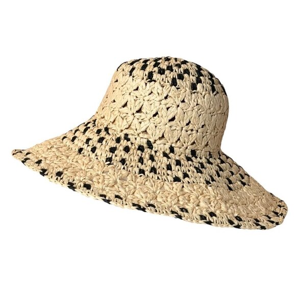 NWT Magid Hats Black & Neutral Straw Crochet Wide Brim Sun Summer Floppy Hat - Picture 11 of 12